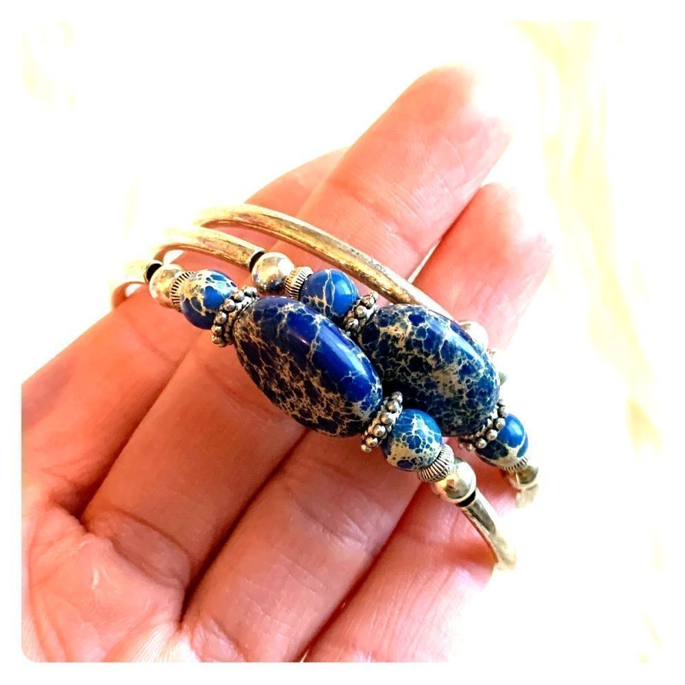 Silver and blue beaded bangle